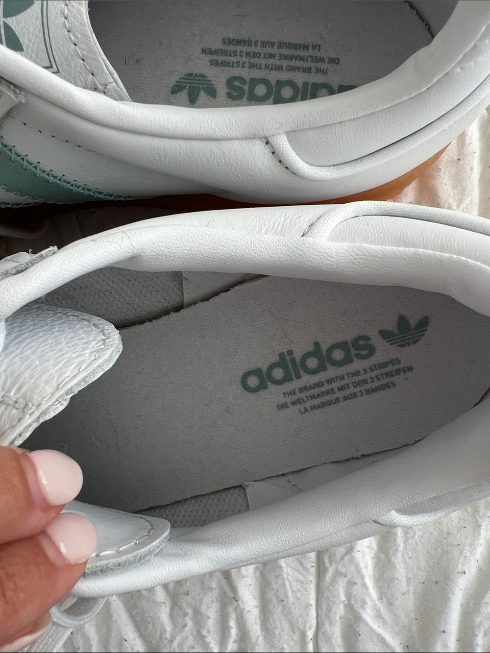 adidas White Sneakers with Mint Green Stripes and Gum Sole - Picture 4 of 6